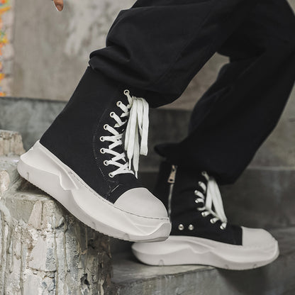 ♛𝔽𝕦𝕤𝕚𝕠𝕟 𝔽𝕠𝕔𝕦𝕤☢︎ᴄᴀꜱᴜᴀʟ ᴅʀᴇꜱꜱ ♜✽2026✽ 經典高筒素面機能側拉飛機底帆布鞋 男女款 情侶款 YL-02