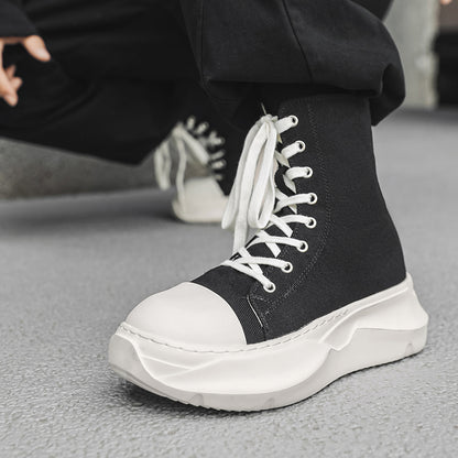 ♛𝔽𝕦𝕤𝕚𝕠𝕟 𝔽𝕠𝕔𝕦𝕤☢︎ᴄᴀꜱᴜᴀʟ ᴅʀᴇꜱꜱ ♜✽2026✽ 經典高筒素面機能側拉飛機底帆布鞋 男女款 情侶款 YL-02