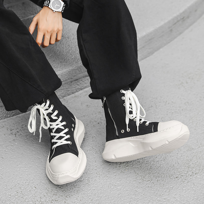 ♛𝔽𝕦𝕤𝕚𝕠𝕟 𝔽𝕠𝕔𝕦𝕤☢︎ᴄᴀꜱᴜᴀʟ ᴅʀᴇꜱꜱ ♜✽2026✽ 經典高筒素面機能側拉飛機底帆布鞋 男女款 情侶款 YL-02