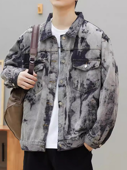snɔoɟ uoı̣snɟ  -  美式vibe風水洗做舊紮染牛仔夾克男女高街痞帥寬鬆外套 Bc-004