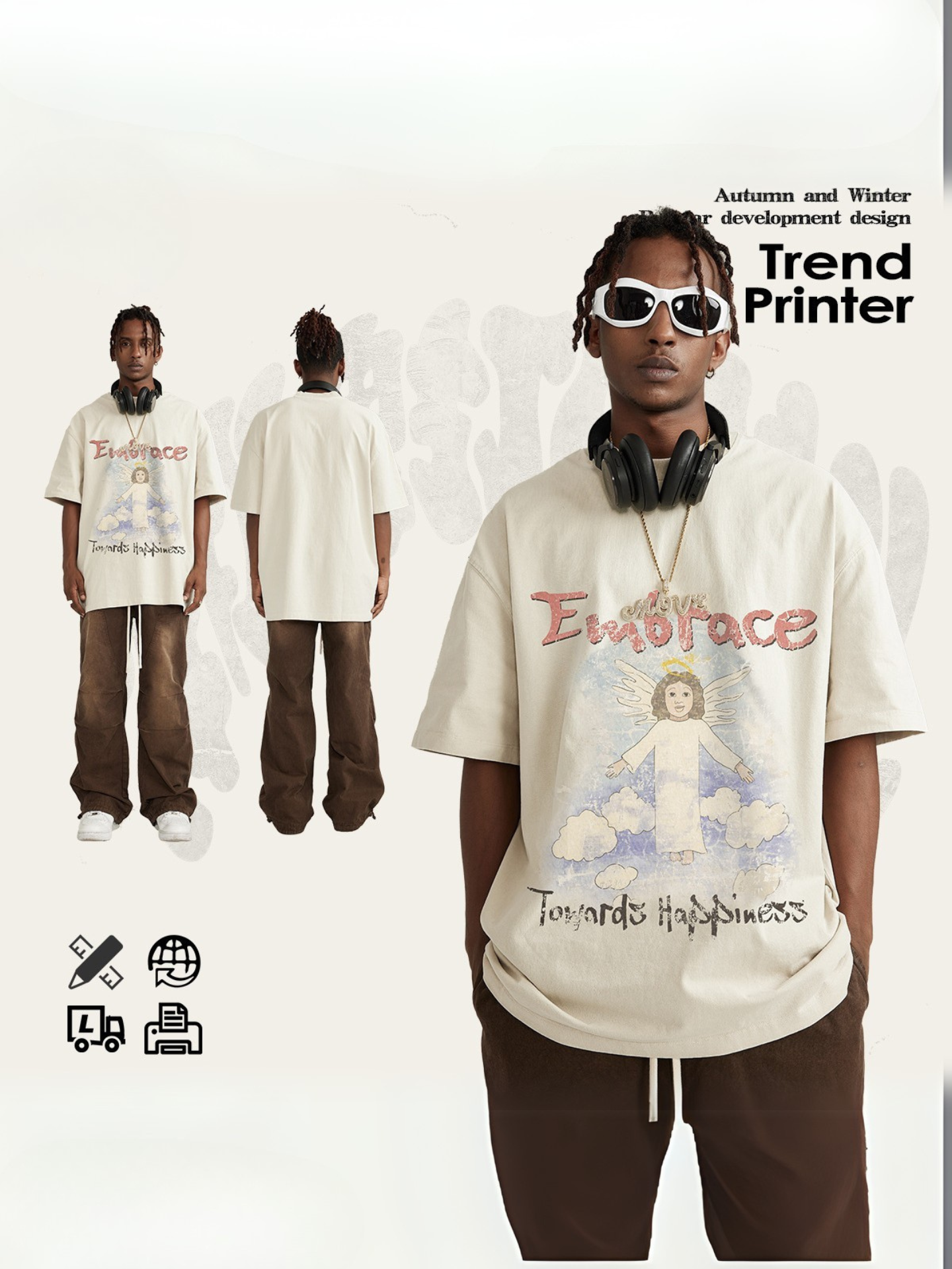 ▶𝔽𝕦𝕤𝕚𝕠𝕟 𝔽𝕠𝕔𝕦𝕤 ⌘𝓦𝓪𝓼𝓱𝓮𝓭 𝔀𝓲𝓷𝓭 ◀ 2025春季新款復古街頭潮牌ins水洗天使印花圓領寬鬆大碼短袖 TZ-09