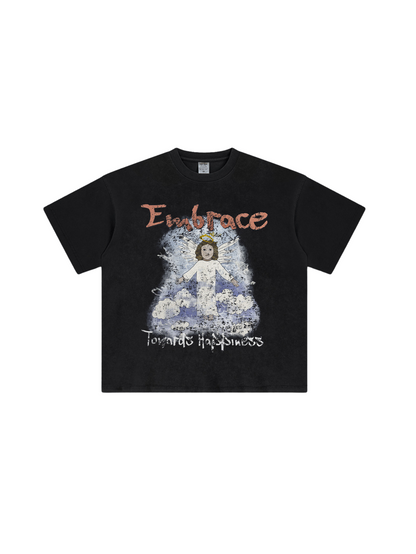 ▶𝔽𝕦𝕤𝕚𝕠𝕟 𝔽𝕠𝕔𝕦𝕤 ⌘𝓦𝓪𝓼𝓱𝓮𝓭 𝔀𝓲𝓷𝓭 ◀ 2025春季新款復古街頭潮牌ins水洗天使印花圓領寬鬆大碼短袖 TZ-09