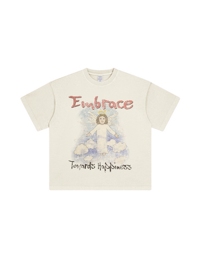 ▶𝔽𝕦𝕤𝕚𝕠𝕟 𝔽𝕠𝕔𝕦𝕤 ⌘𝓦𝓪𝓼𝓱𝓮𝓭 𝔀𝓲𝓷𝓭 ◀  2025春季新款復古街頭潮牌ins水洗天使印花圓領寬鬆大碼短袖 TZ-09