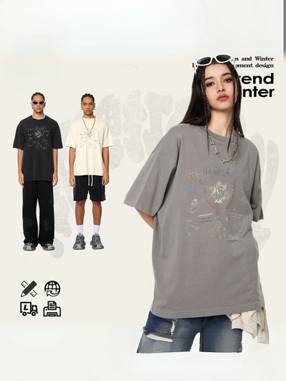 ▶𝔽𝕦𝕤𝕚𝕠𝕟 𝔽𝕠𝕔𝕦𝕤 ⌘𝓦𝓪𝓼𝓱𝓮𝓭 𝔀𝓲𝓷𝓭 ◀ 2025春夏復古潮牌Vintage水洗天使印花圓領情侣款短袖街頭T恤 TZ-10