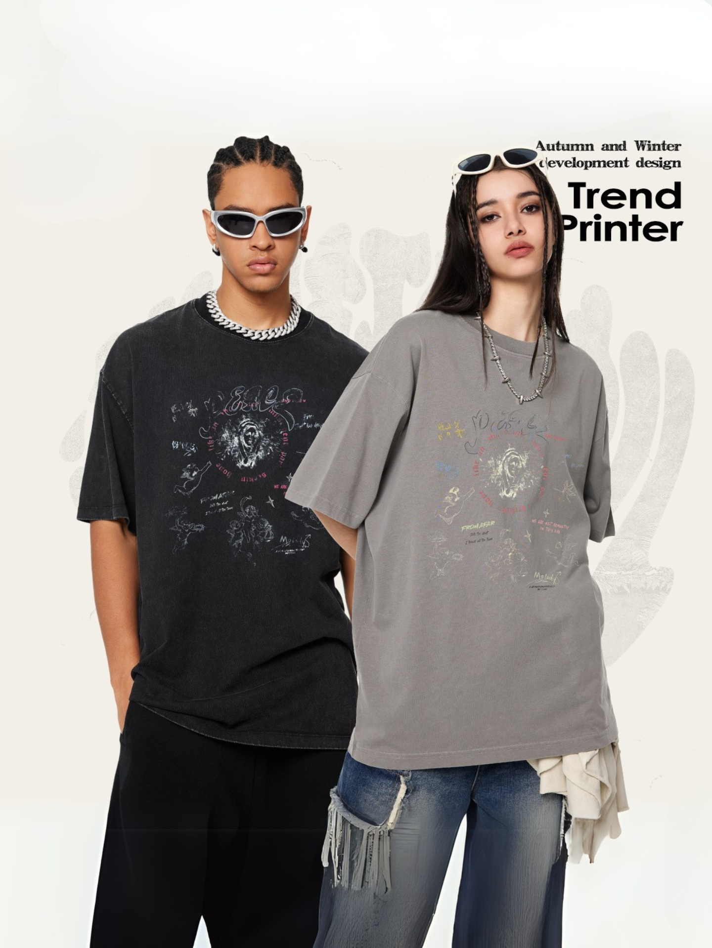 ▶𝔽𝕦𝕤𝕚𝕠𝕟 𝔽𝕠𝕔𝕦𝕤 ⌘𝓦𝓪𝓼𝓱𝓮𝓭 𝔀𝓲𝓷𝓭 ◀ 2025春夏復古潮牌Vintage水洗天使印花圓領情侣款短袖街頭T恤 TZ-10