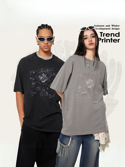 ▶𝔽𝕦𝕤𝕚𝕠𝕟 𝔽𝕠𝕔𝕦𝕤 ⌘𝓦𝓪𝓼𝓱𝓮𝓭 𝔀𝓲𝓷𝓭 ◀ 2025春夏復古潮牌Vintage水洗天使印花圓領情侣款短袖街頭T恤 TZ-10