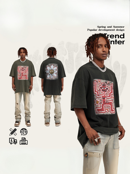 ▶𝔽𝕦𝕤𝕚𝕠𝕟 𝔽𝕠𝕔𝕦𝕤 ⌘𝓦𝓪𝓼𝓱𝓮𝓭 𝔀𝓲𝓷𝓭 ◀ 2025美式復古潮牌水洗做舊趣味花朵印花短袖Vintage街頭寬鬆T恤 TZ-15