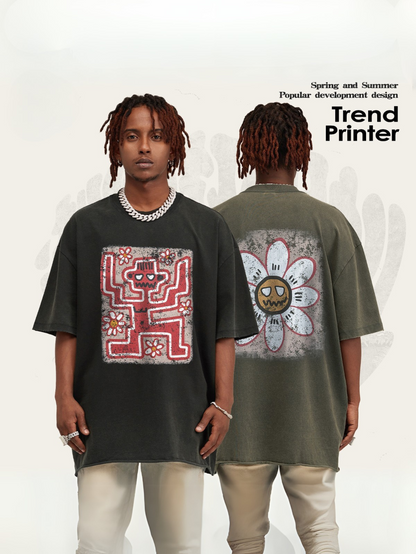 ▶𝔽𝕦𝕤𝕚𝕠𝕟 𝔽𝕠𝕔𝕦𝕤 ⌘𝓦𝓪𝓼𝓱𝓮𝓭 𝔀𝓲𝓷𝓭 ◀ 2025美式復古潮牌水洗做舊趣味花朵印花短袖Vintage街頭寬鬆T恤 TZ-15