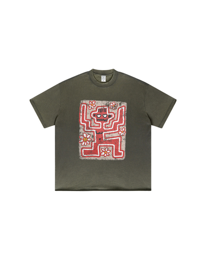 ▶𝔽𝕦𝕤𝕚𝕠𝕟 𝔽𝕠𝕔𝕦𝕤 ⌘𝓦𝓪𝓼𝓱𝓮𝓭 𝔀𝓲𝓷𝓭 ◀ 2025美式復古潮牌水洗做舊趣味花朵印花短袖Vintage街頭寬鬆T恤 TZ-15