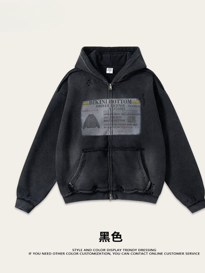 snɔoɟ uoı̣snɟ -  2025秋冬美式潮牌做舊水洗印花連帽開衫拉鏈外套  Ｅ-761