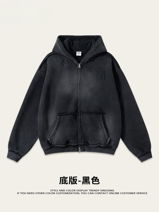 snɔoɟ uoı̣snɟ -  2025秋冬美式潮牌做舊水洗印花連帽開衫拉鏈外套  Ｅ-761