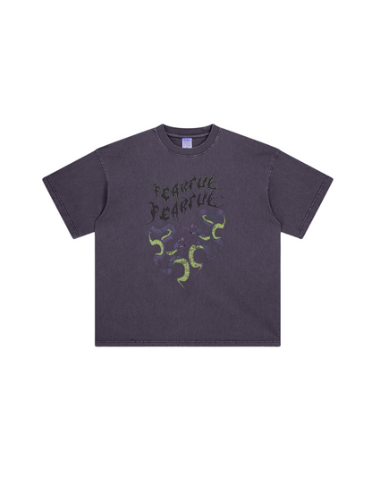 ▶𝔽𝕦𝕤𝕚𝕠𝕟 𝔽𝕠𝕔𝕦𝕤 ⌘𝓦𝓪𝓼𝓱𝓮𝓭 𝔀𝓲𝓷𝓭 ◀2025夏季歐美復古重磅雙蛇印花做舊情侣款上衣纯棉短袖T恤 TZ-22