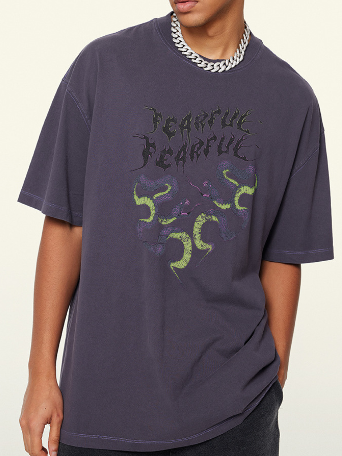 ▶𝔽𝕦𝕤𝕚𝕠𝕟 𝔽𝕠𝕔𝕦𝕤 ⌘𝓦𝓪𝓼𝓱𝓮𝓭 𝔀𝓲𝓷𝓭 ◀2025夏季歐美復古重磅雙蛇印花做舊情侣款上衣纯棉短袖T恤 TZ-22