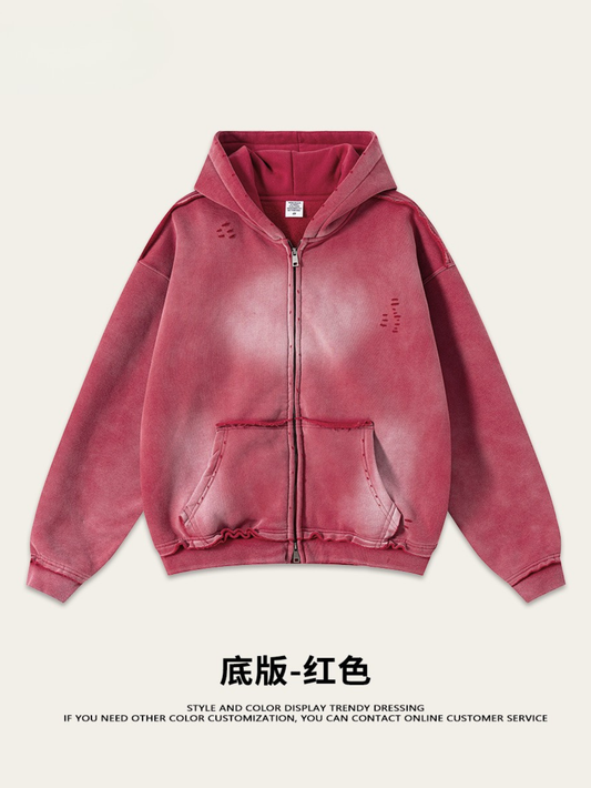 snɔoɟ uoı̣snɟ -  2025秋冬美式潮牌做舊水洗印花連帽開衫拉鏈外套  Ｅ-761