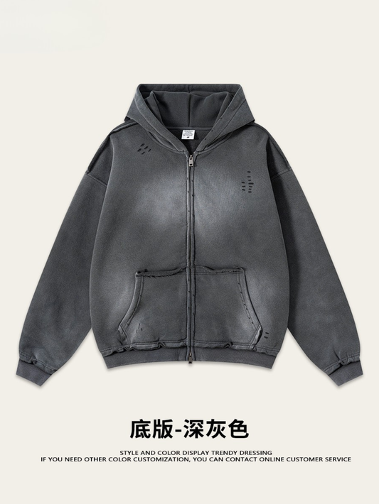 snɔoɟ uoı̣snɟ -  2025秋冬美式潮牌做舊水洗印花連帽開衫拉鏈外套  Ｅ-761