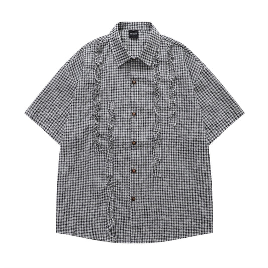 𝔼mbro 𝕊hirt𒉽日式復古格子短袖寬鬆襯衫Y-95