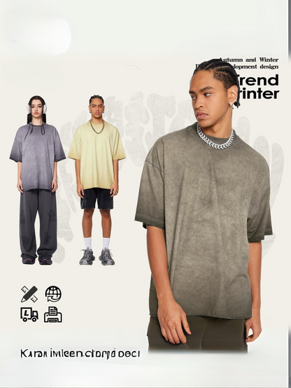 ▶𝔽𝕦𝕤𝕚𝕠𝕟 𝔽𝕠𝕔𝕦𝕤 ⌘𝓦𝓪𝓼𝓱𝓮𝓭 𝔀𝓲𝓷𝓭 ◀2025夏季美式潮牌寬鬆大碼短袖水洗做舊巴家同款 TZ-04