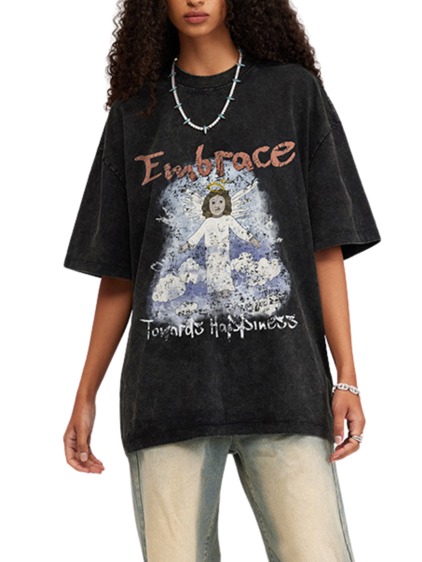 ▶𝔽𝕦𝕤𝕚𝕠𝕟 𝔽𝕠𝕔𝕦𝕤 ⌘𝓦𝓪𝓼𝓱𝓮𝓭 𝔀𝓲𝓷𝓭 ◀ 2025春季新款復古街頭潮牌ins水洗天使印花圓領寬鬆大碼短袖 TZ-09