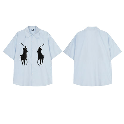 𝔼mbro 𝕊hirt𒉽美式復古印花條紋短袖寬鬆襯衫 GE-47