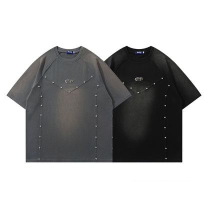 𝕃oose 𝔽it ☞𝟤𝟢𝟤𝟧 ☜美式復古拼接鉚釘圓領男女中性 T-Shirt寬版上衣J-5