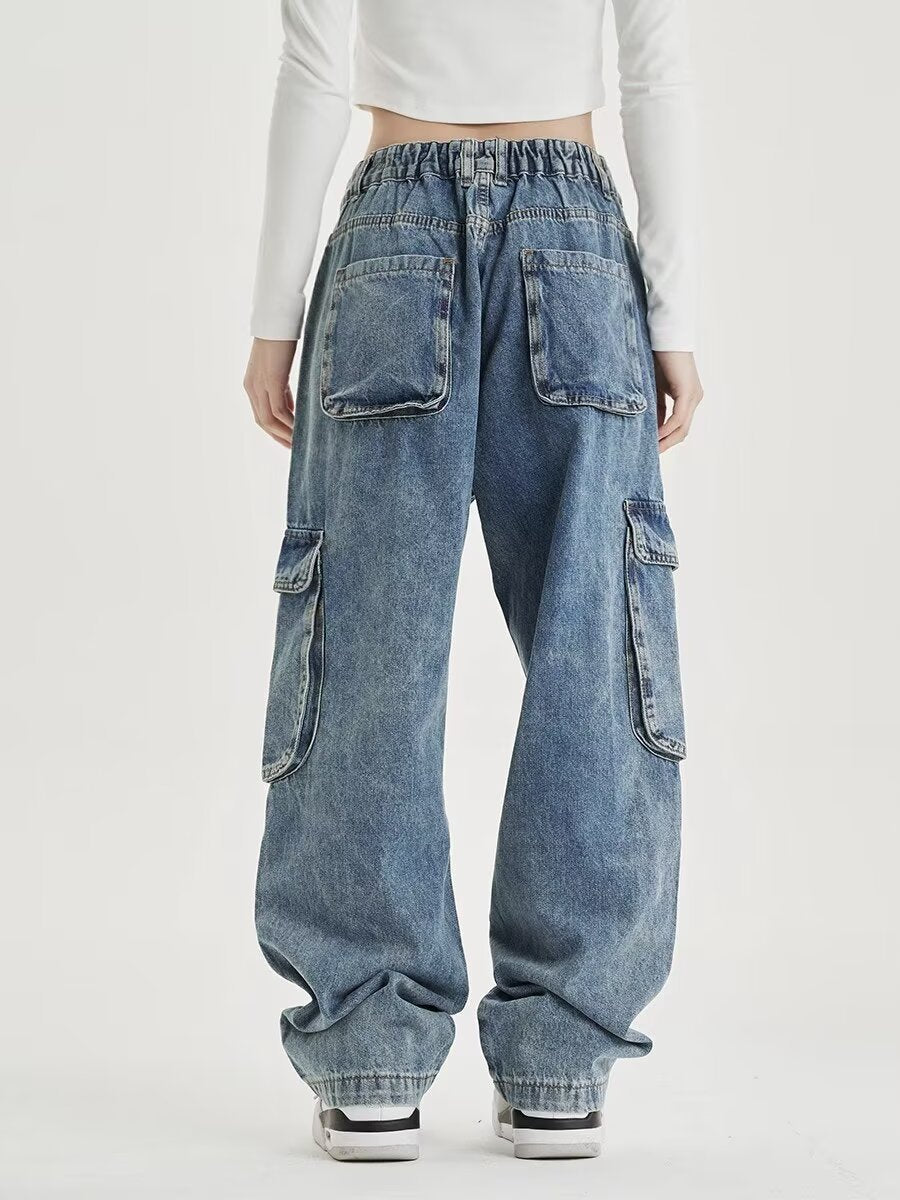 ♜  𝔽𝕦𝕤𝕚𝕠𝕟 𝔽𝕠𝕔𝕦𝕤  𖥟 𝖏𝖊𝖆𝖓𝖘  ☞ 美式復古做舊闊腿潮多口袋工裝男女時髦高街設計感直筒長褲牛仔褲 B-19