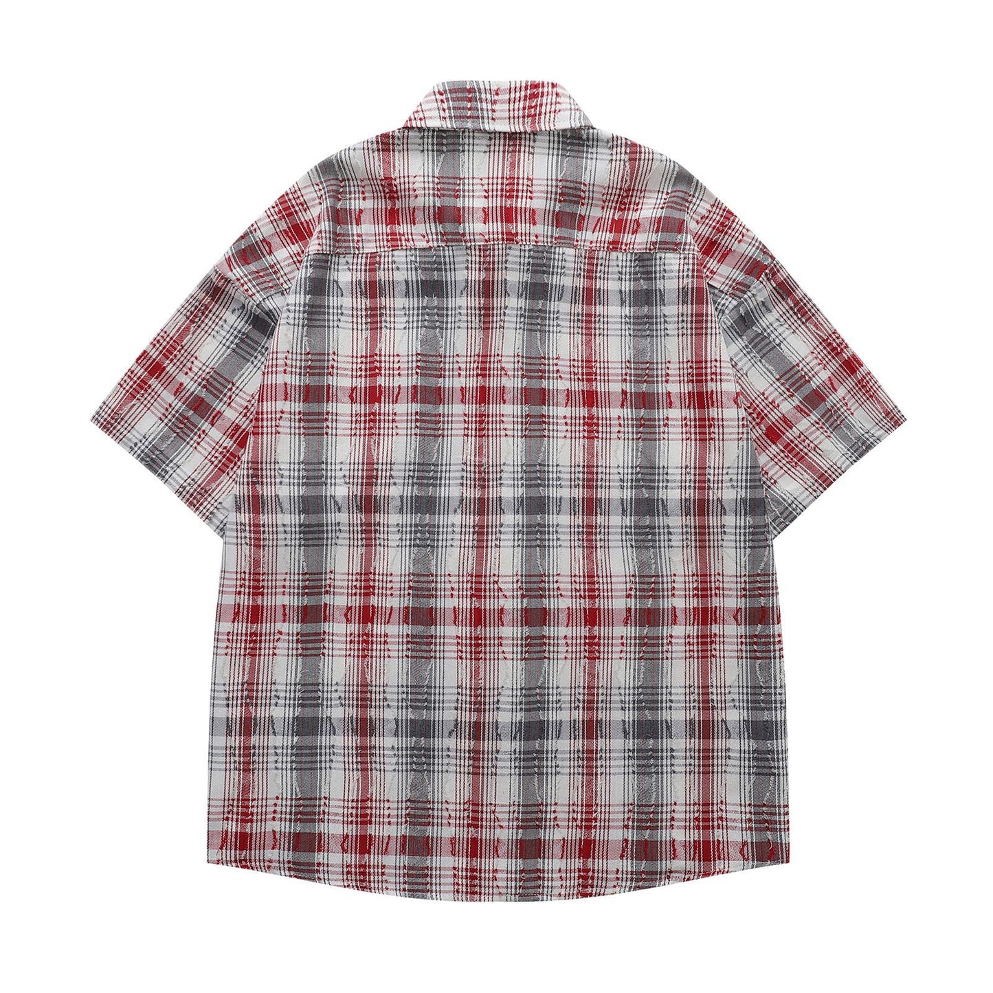 𝔼mbro 𝕊hirt𒉽日式復古毛邊格子短袖寬鬆襯衫YD-8