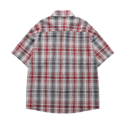 𝔼mbro 𝕊hirt𒉽日式復古毛邊格子短袖寬鬆襯衫YD-8