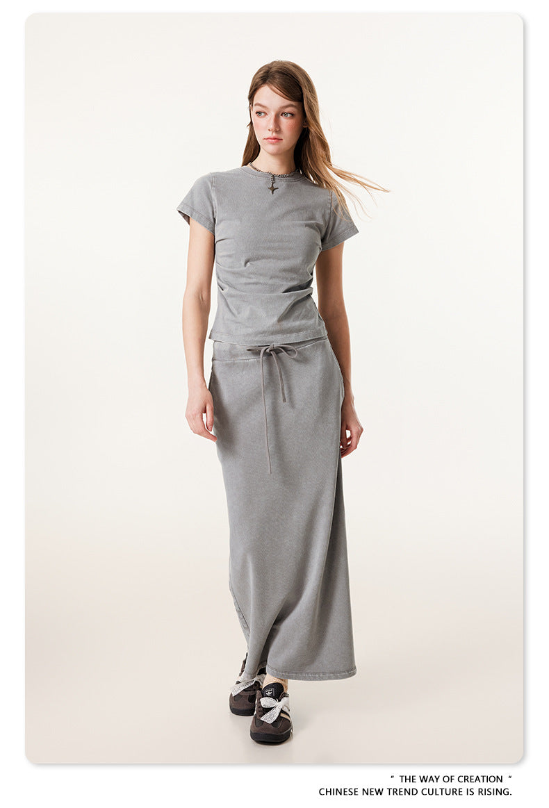 Fierce & Fitted 夏季辣妹必備INS緊身短款上衣 收腰直筒長裙套裝N-7 淺灰色