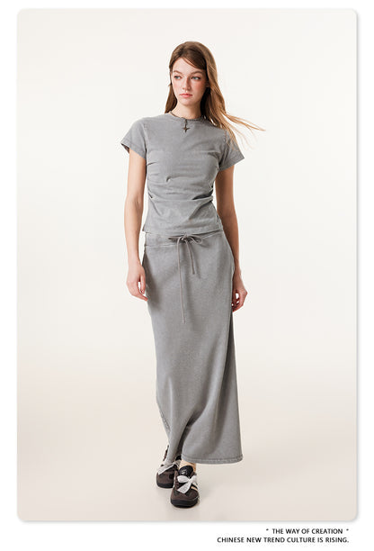 Fierce & Fitted 夏季辣妹必備INS緊身短款上衣 收腰直筒長裙套裝N-7 淺灰色