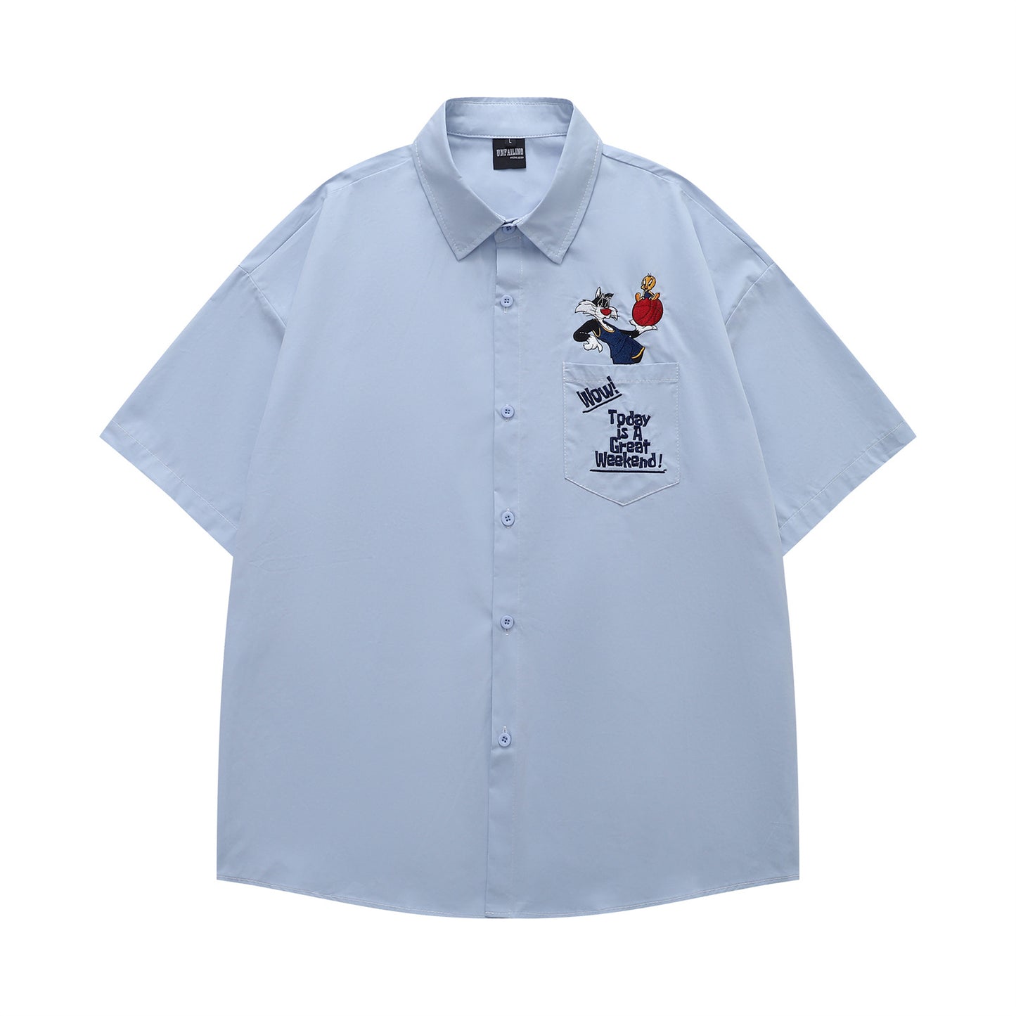 𝔼mbro 𝕊hirt𒉽童趣經典卡通短袖百搭休閒襯衫  (藍色)