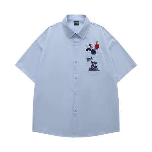 𝔼mbro 𝕊hirt𒉽童趣經典卡通短袖百搭休閒襯衫  (藍色)