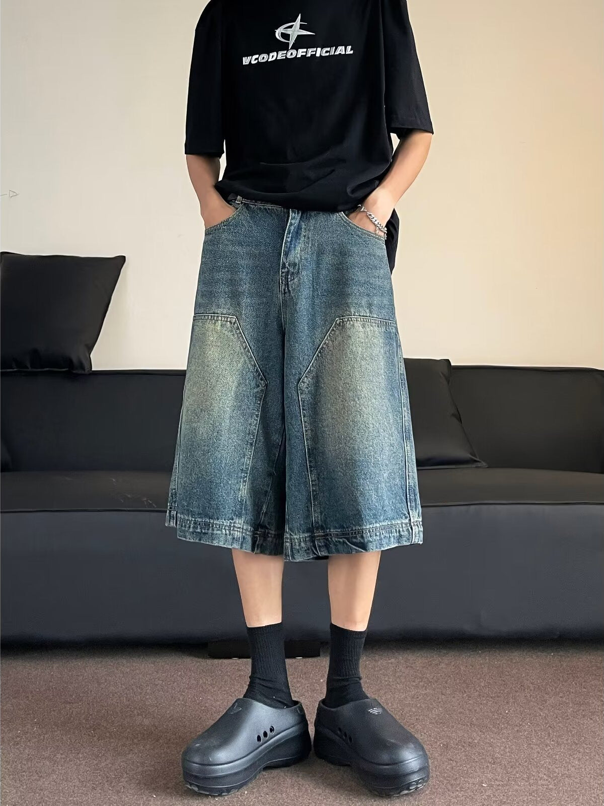 ♜  𝔽𝕦𝕤𝕚𝕠𝕟 𝔽𝕠𝕔𝕦𝕤  𖥟 𝖏𝖊𝖆𝖓𝖘  ☞  美式復古水洗高街牛仔短褲男女直筒闊腿做舊休閒百搭七分褲 Bs-16