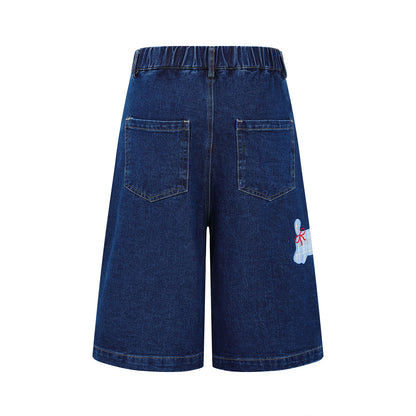 𖥟𝕽𝖊𝖑𝖆𝖝𝖊𝖉 𝖋𝖎𝖙  ☞美式復古小狗刺繡牛仔七分褲C-2