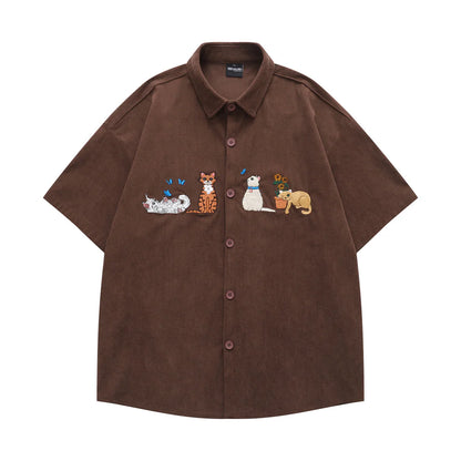𝔼mbro 𝕊hirt𒉽美式復古趣味貓咪繡花燈芯絨短袖襯衫(棕色)