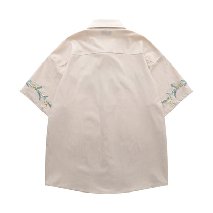 𝔼mbro 𝕊hirt𒉽美式復古花卉刺繡燈芯絨短袖寬鬆襯衫Y-7