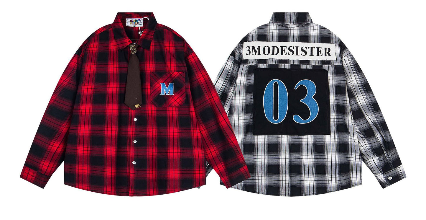 𝔼mbro 𝕊hirt𒉽2025秋冬領帶系列格子寬鬆襯衫外套MO-16