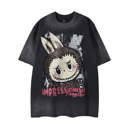 𝕃oose 𝔽it ☞𝟤𝟢𝟤𝟧 ☜美式復古渲染系列卡通印花男女中性 T-Shirt寬版上衣F-316