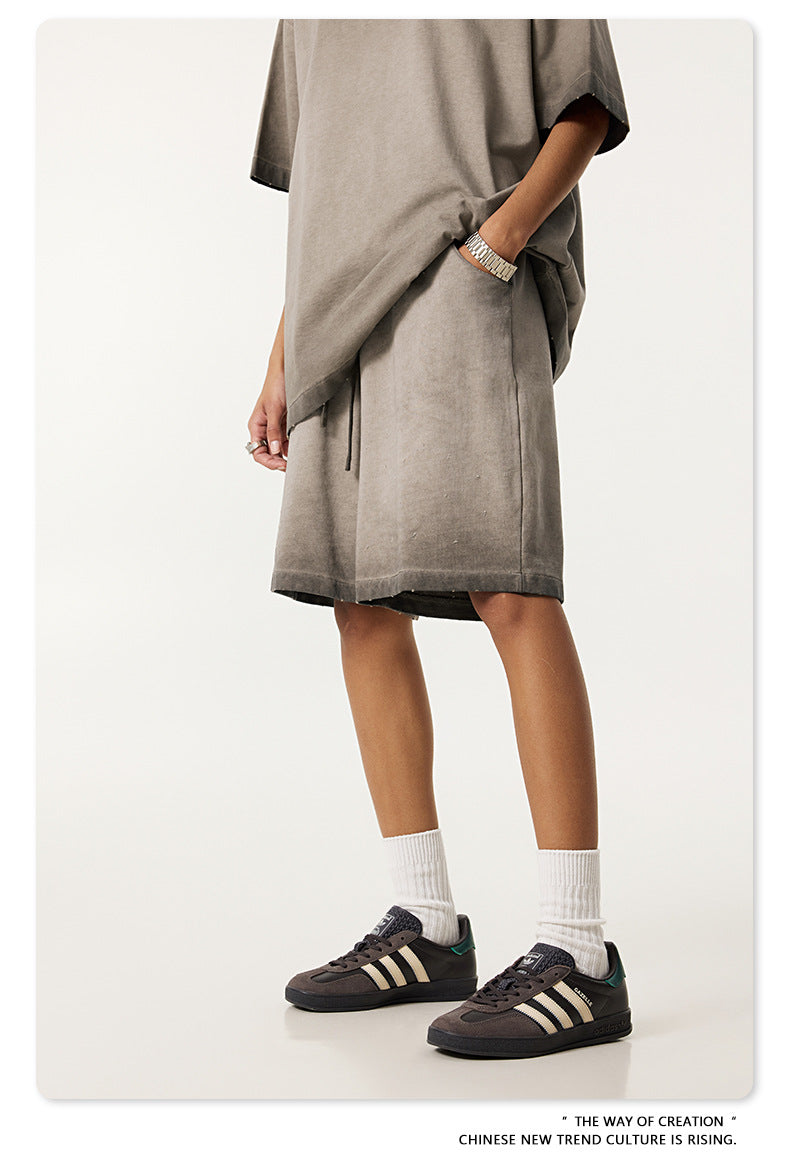 ♛𝔽𝕦𝕤𝕚𝕠𝕟 𝔽𝕠𝕔𝕦𝕤 ♛2025夏季復古街頭VINE風漸變寬鬆運動休閒五分褲 K-76