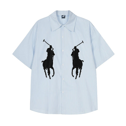 𝔼mbro 𝕊hirt𒉽美式復古印花條紋短袖寬鬆襯衫 GE-47