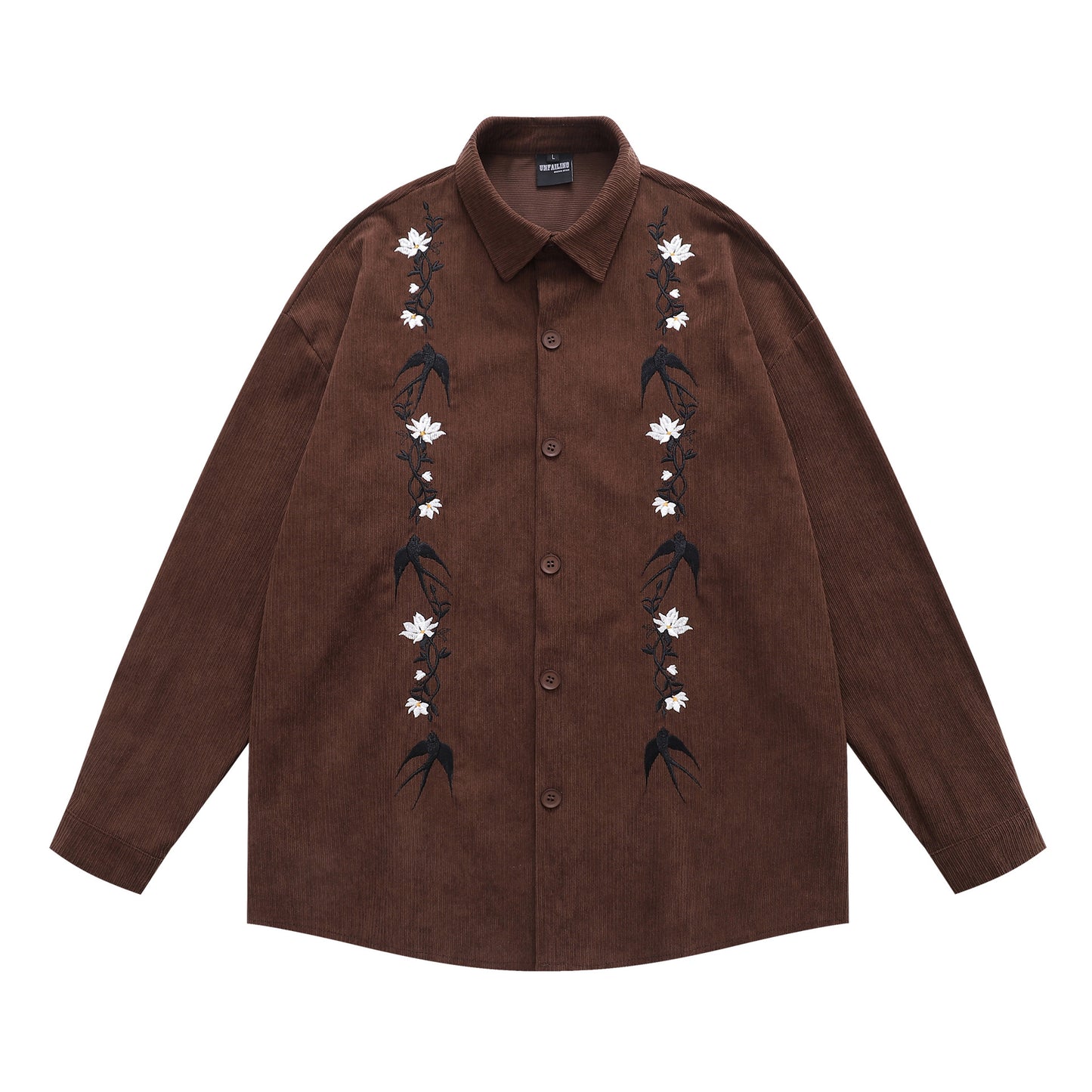 𝔼mbro 𝕊hirt𒉽2025秋冬復古花卉刺繡燈芯絨襯衫外套D-85