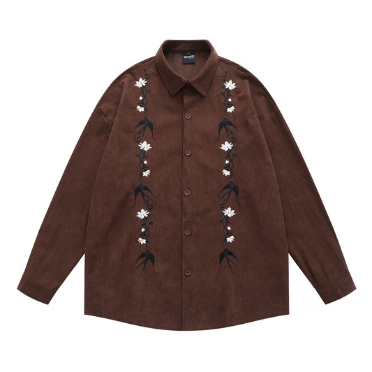 𝔼mbro 𝕊hirt𒉽2025秋冬復古花卉刺繡燈芯絨襯衫外套D-85