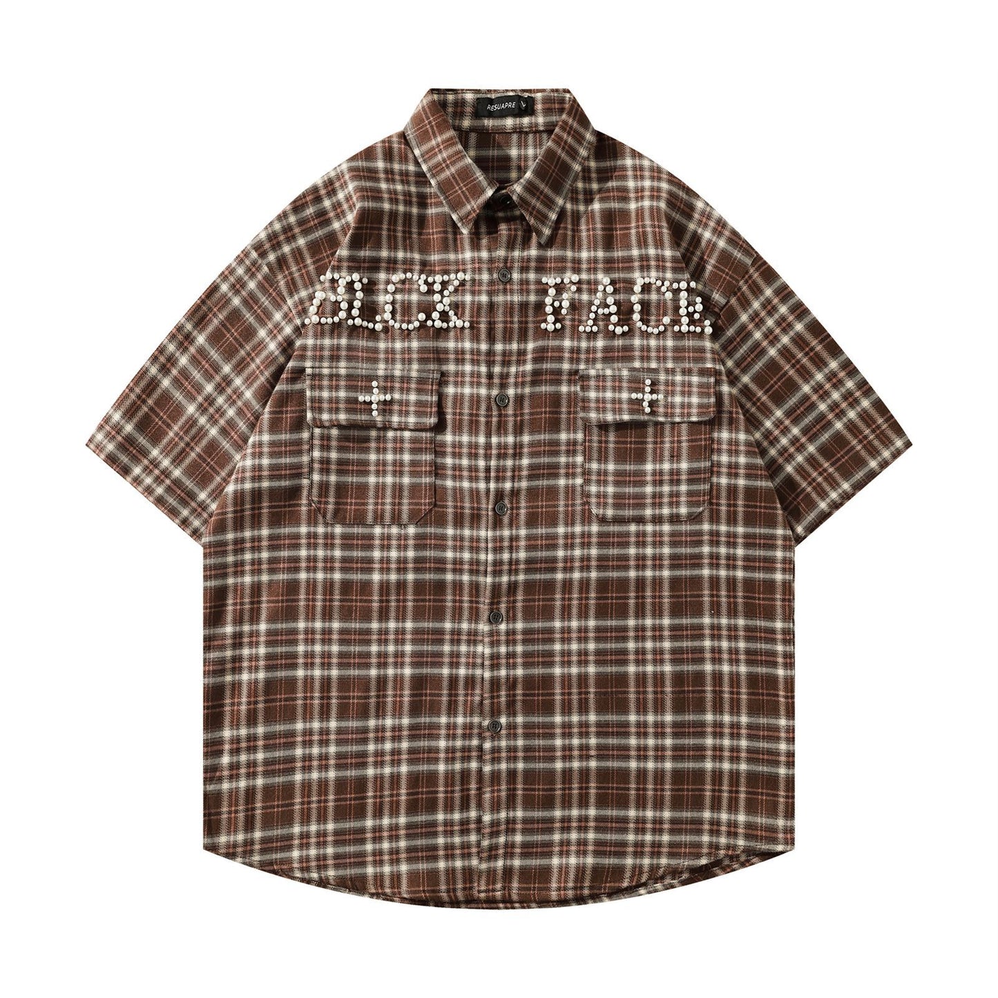 𝕃oose 𝔽it ☞𝟤𝟢𝟤𝟧 ☜美式復古字母珍珠感格子寬鬆襯衫 J-4