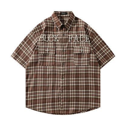 𝕃oose 𝔽it ☞𝟤𝟢𝟤𝟧 ☜美式復古字母珍珠感格子寬鬆襯衫 J-4