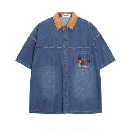 𝔼mbro 𝕊hirt𒉽美式復古Cookie字母刺繡牛仔寬鬆短袖襯衫外套