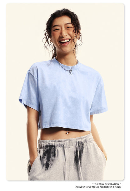 Fierce & Fitted 夏季美式復古做舊辣妹短款T袖N-7 水洗天空藍