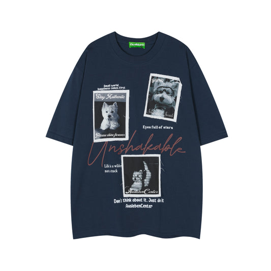 𝕃oose 𝔽it ☞𝟤𝟢𝟤𝟧 ☜美式復古小狗印花圓領男女中性 T-Shirt寬版上衣 DA-78