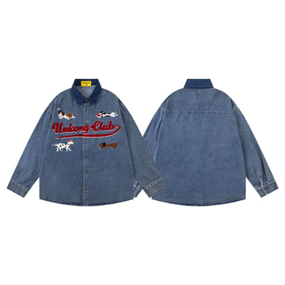 𝔼mbro 𝕊hirt𒉽2025秋冬小狗刺繡牛仔寬鬆襯衫N-40