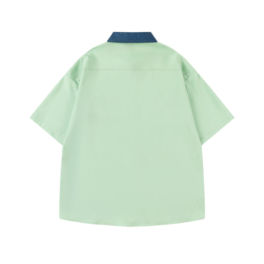 𝔼mbro 𝕊hirt𒉽日式復古花卉圖案刺繡寬鬆百搭短袖襯衫 (綠色)