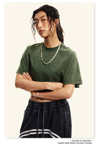 Fierce & Fitted 夏季美式復古做舊辣妹短款T袖N-6 水洗墨綠