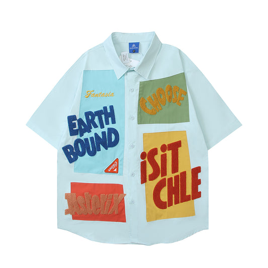 𝔼mbro 𝕊hirt𒉽美式復古字母毛巾繡設計感短袖休閒襯衫	 C-243